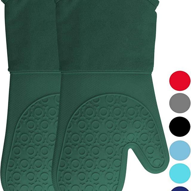 HOMWE Extra Long Professional Silicone Oven Mitt, Oven Mitts with Quilted Liner, Heat Resistant Pot Holders, Flexible Oven Gloves, Green, 1 Pair, 13.7 Inch