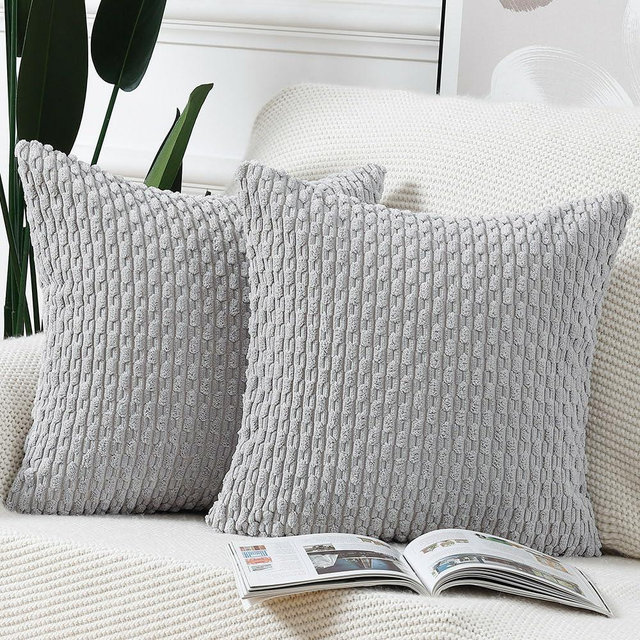 MADIZZ Pack of 2 Boho Corduroy Striped Throw Pillow Covers 16x16 Inch Light Grey Soft Decorative Cushion Cover for Bedroom Sofa Pillow Shell