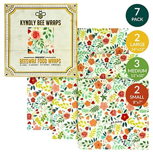 KYNDLY Beeswax Food Wrap, 7 Pack Eco-Friendly Reusable Wrappers. 100% Organic Cotton, Non Toxic, All Natural Food Grade Storage. Sustainable, Compostable and Biodegradable. 2xS 3xM 2xL (CLASSIC)