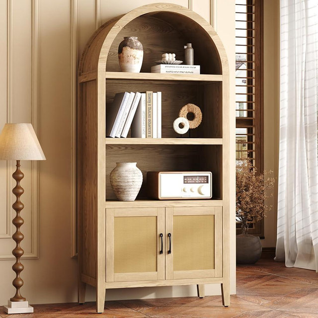Yusong 71" Tall Arched Bookcase, 5-Tier Arched Bookshelf, Arch Cabinet Display Cabinet with Rattan Doors and Adjustable Shelves, Modern Farmhouse Kitchen Pantry for Living Room Bedroom, Nature