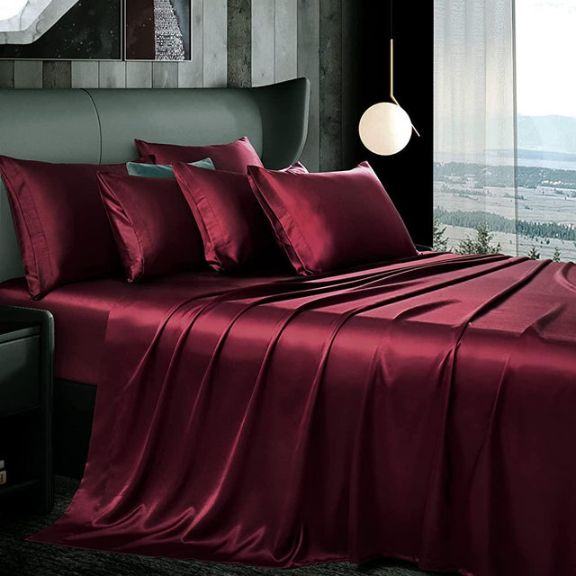 Manyshofu 7Pcs Maroon Satin Sheets King Size Silky Satin Bed Sheets Set, Luxurious & Soft Satin Bedding Set - 1 Satin Fitted Sheet, 1 Satin Flat Sheet, 4 Satin Pillowcases + 1 Body Pillow case