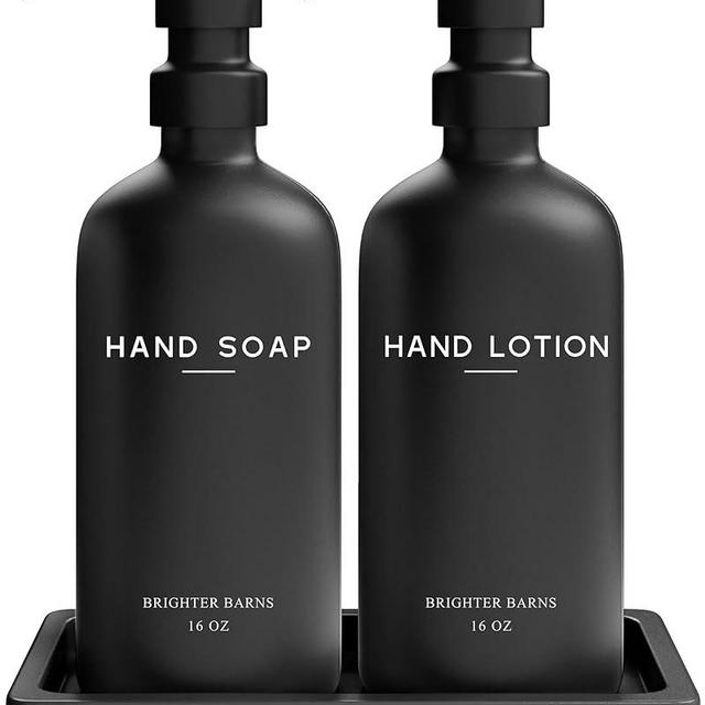 Black Glass Soap Dispenser Bathroom Set by Brighter Barns - Modern Soap and Lotion Dispenser Bathroom Set - Liquid Hand Soap Dispenser Tray and Pump Set - Black Bathroom Accessories & Decor (Black)