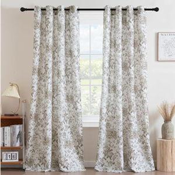 H.VERSAILTEX Linen Blend Curtains for Living Room Printed Floral Curtain Grommet Farmhouse Flower Patterned Drapes Window Treatment Panels Set of 2 Panels, 52" W x 84" L, Iberra Sesame - Taupe