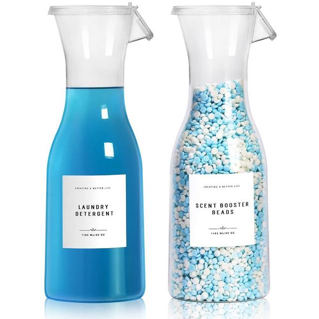 GIXSEGIE Laundry Detergent Dispenser Bottle 40oz with Waterproof Label for Laundry Detergent Soap Fabric Softener Bleach Scent Booster Beads, Sturdy PET Bottle for Laundry Room Decor 2 Pack