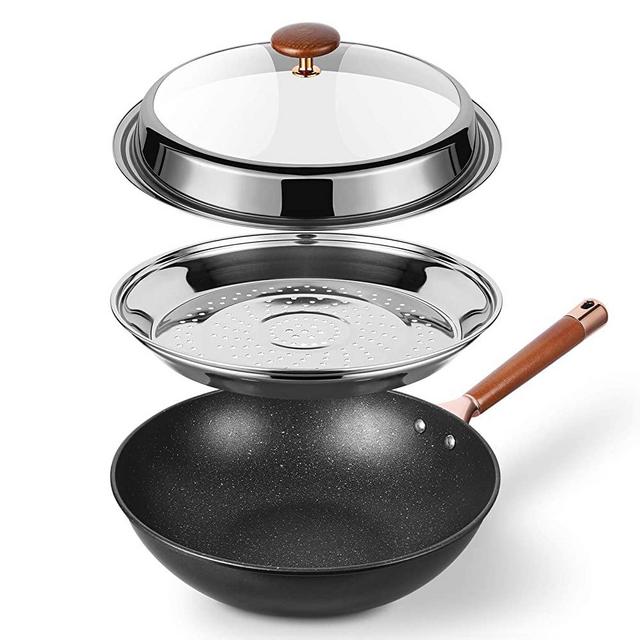 Kseroo Woks and Stir Fry Pans for Electric Stove, Nonstick Frying Pan, Wok Pan with Lid, Deep Large Induction Hard Anodized Frying Pan, Carbon Steel Wok Set Flat Bottom, Large Saute Pan Set