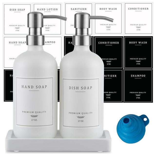 Thick Glass Soap Dispenser - Kitchen Dish Soap Dispenser &Hand Soap Dispenser Set,Rustproof Pump Soap Dispenser Bathroom with Tray,14 Stickers for Kitchen Decor White Bottle/Silver Pump