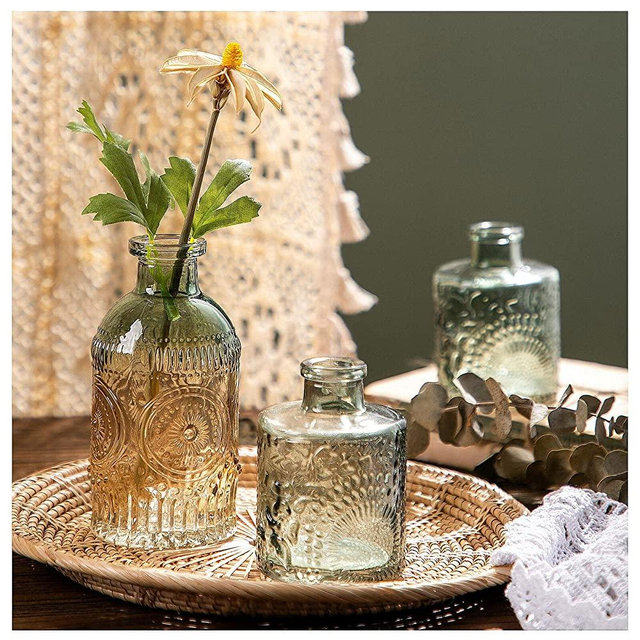 WILDMOS Glass Bud Vase Set of 3, Small Flower Vases for Decorative, Gradient Glass and Embossed Style Mini Glass Bottles for Home Decor, Vintage Glass Bottles for Centerpiece 3.3"-5.2''H. (Gray)