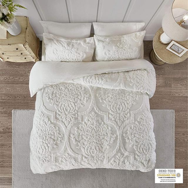 Madison Park Viola 3 Piece Tufted Cotton Chenille Duvet Cover Set, Full/Queen(90"x90"), Damask White