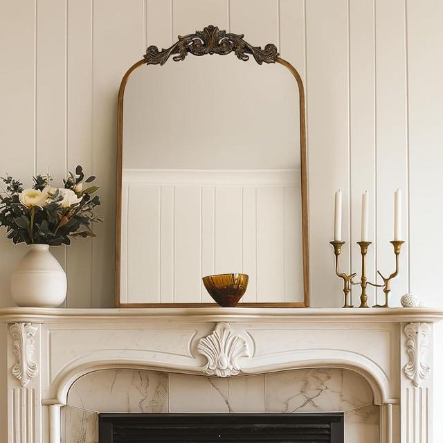 USHOWER 24" x 36" Gold Vintage Mirror for Wall, Antique Baroque Mirror with Ornate Frame, Arched Brass Mirror for Bathroom, Living Room, Fireplace, Entryway