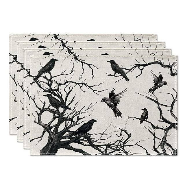 Artoid Mode Tree Crows Halloween Placemats Set of 4, 12x18 Inch Branches Fall Table Mats for Outdoor Home Party Kitchen Dining Decoration