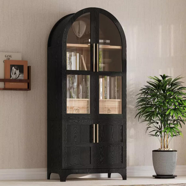 Tenleaf 71 in. Tall Black Arched Kitchen Pantry Cabinet Sideboard with Hidden Drawer and Adjustable Shelves and Glass Door U0169B