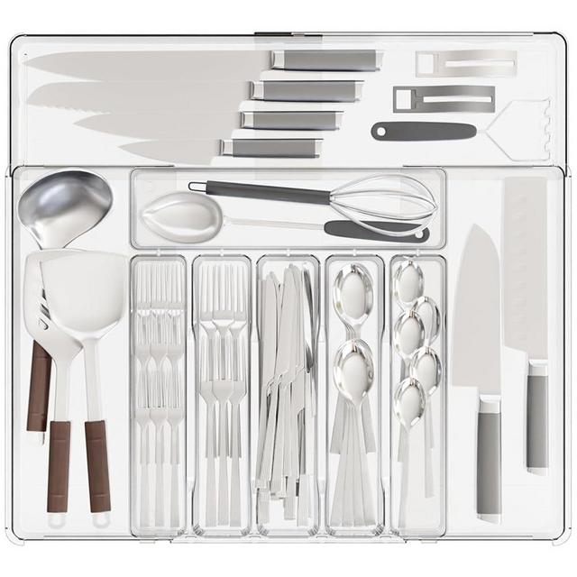 Clear Expandable Silverware Organizers for Kitchen Drawers,Large BPA Free Cutlery Organizer in Drawer,Plastic Utensil Drawer Organizer Suitable as Flatware,Knife,Fork,Spoon,Silverware Holder and Tray
