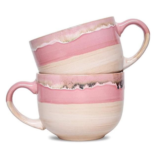 Bosmarlin Large Stoneware Coffee Mug Set of 2, Jumbo Latte Mugs Tea for Office and Home, 16 Oz, Dishwasher and Microwave Safe(Pink, 2)