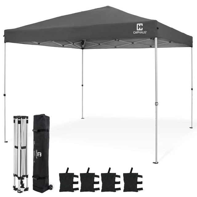CAPHAUS Patented One-Push Pop Up Outdoor Canopy Tent, Heavy-Duty Commercial Grade w/Central Lock, Portable and Instant Folding Shelter with Wheeled Carry Bag and Weight Bag, 10ft x 10ft, Dark Grey