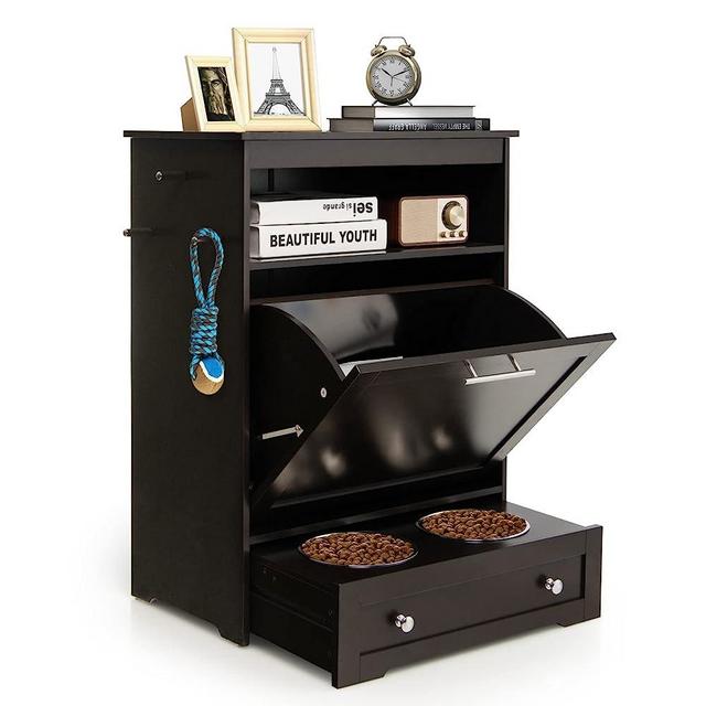 HAPPAWS Dog Feeding Station with Storage Dog Food Storage Cabinet with 2 Elevated Dog Bowls, Dog Food Storage Container, Pet Feeding Station, Dog Food Storage Container with Bowls, Brown