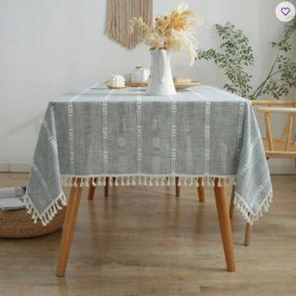Washable Cotton Linen Wrinkle Free Tablecloth With Tassel - Blue, 86" L x 55" W