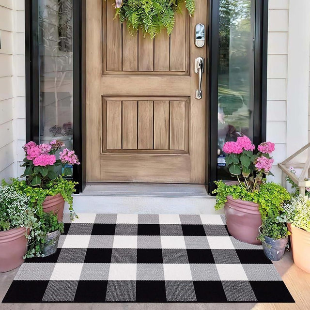 Black and White Layered Doormat 24''x35''Buffalo Plaid Checkered Rug Cotton Machine Washable Mat for Front Porch, Kitchen, Farmhouse, Entryway,Bathroom