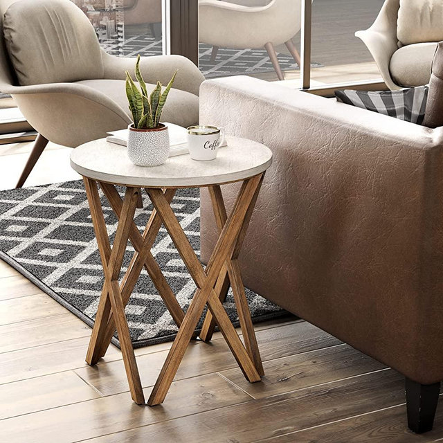 LONYKE Round End Table, Distressed White Top with 4-Legs Base Beside Table for Modern Farmhouse, Boho Decor, White and Natural