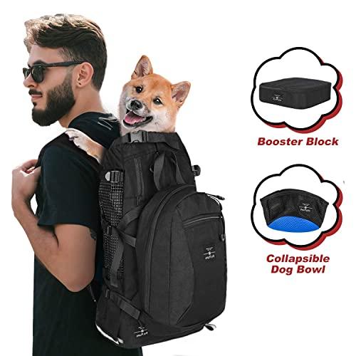 PROPLUMS Dog Carrier Backpack for Small and Medium Dogs Multifunction Pet Sport Sack Air for Walking Hiking and Traveling with Detachable Storage Bag Free Booster Block and Collapsible Dog Bowls