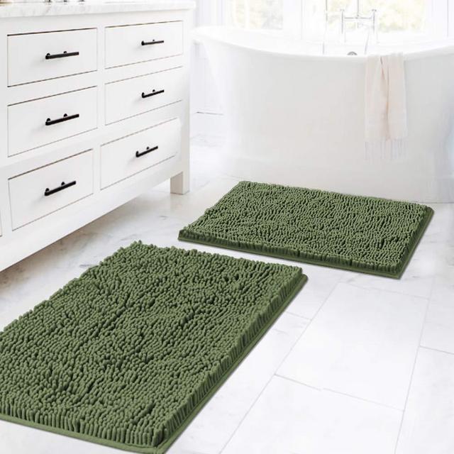 Non Slip Thick Shaggy Chenille Bathroom Rugs, Bath Mats for Bathroom Extra Soft and Absorbent - Bath Rugs Set for Indoor/Kitchen (Set of 2-20" x 32"/17" x 24") Loden