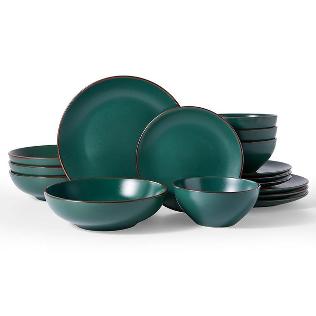Famiware Venus 16-Piece Stoneware Dinnerware Set with Pasta Bowls for 4, Plates and Double Bowls with Trim for Everyday & Formal Use, Chip Resistant Dishes, Microwave/Dishwasher Safe, Matte Dark Green