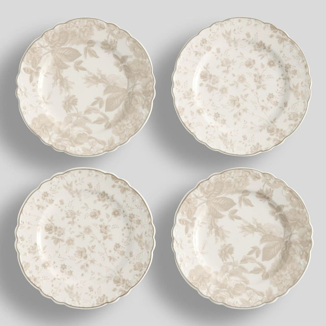 LoveShackFancy Neutral Floral Porcelain Appetizer Plates, Mixed Set of 4 - Tan/White