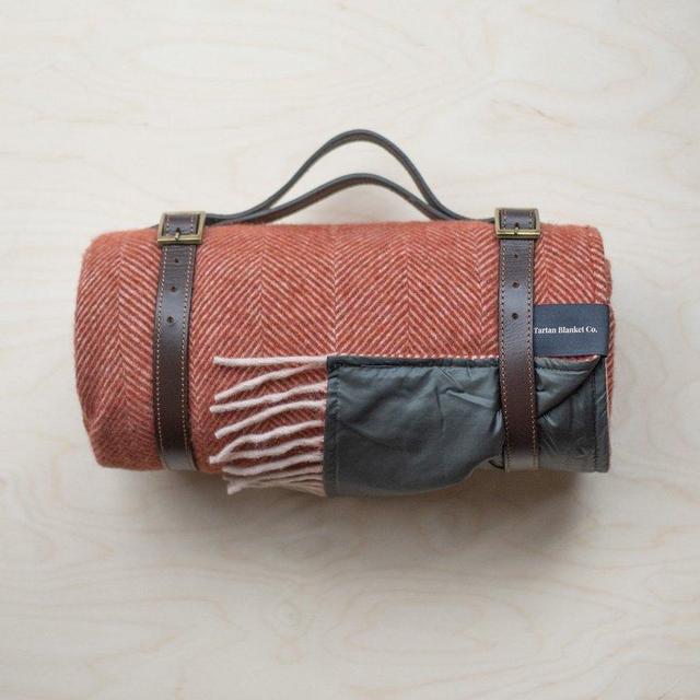 Recycled Wool Waterproof Picnic Blanket in Rust Herringbone