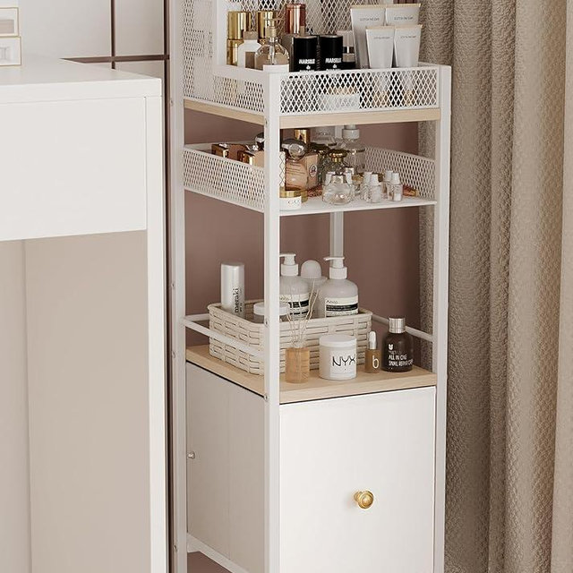 Floor Makeup Organizer Cart, Narrow Floor Skincare Organizers and Storage with Drawers, Bathroom Vanity Organizer Cosmetics Display Cases Holder for Skin Care Nail Polish Perfume Makeup Brush (White)