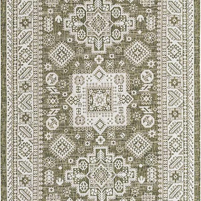 Rugs.com Outdoor Aztec Collection Rug – 5' x 8' Green Flatweave Rug Perfect for Living Rooms, Large Dining Rooms, Open Floorplans