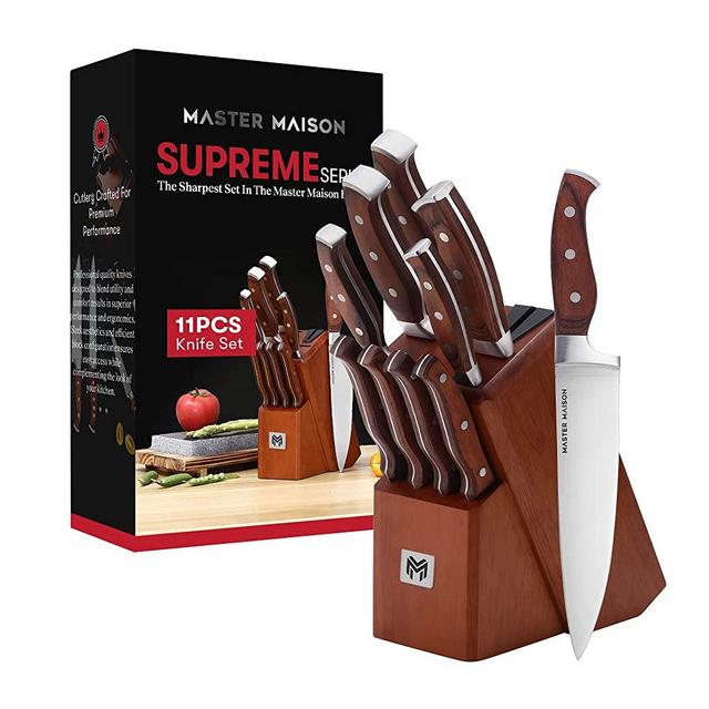 11-Piece Premium Walnut Kitchen Knife Set with Knife Block & Dual Knife Sharpener | Master Maison German Stainless Steel Knives | Professional Butcher Block Knife Set For Kitchen | Chef Knife Sets