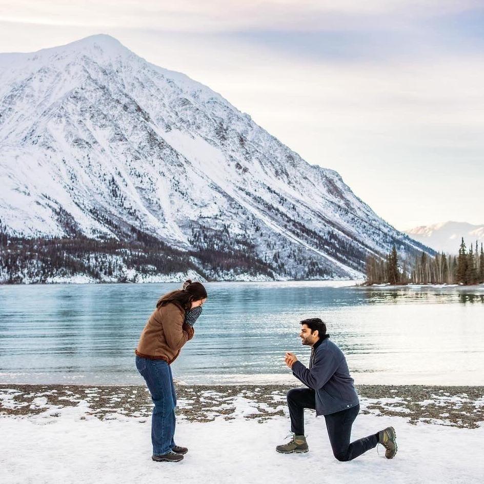 Abhi popped the question at Kathleen Lake in Kluane National Park!