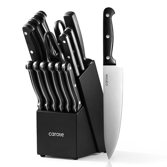 CAROTE 14 Pieces Knife Set with Block, Forged, High Carbon Stainless Steel Sharp Blade Block Knife Set, Dishwasher Safe Cutlery, Black