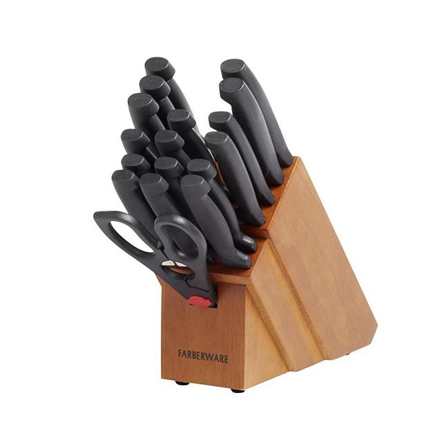 Farberware 18-Piece Never Needs Sharpening High-Carbon Stainless Steel Knife Block Set with Non-Slip Handles, Black