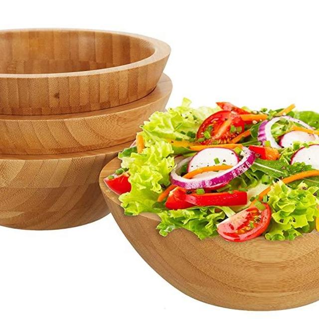 Lawei Set of 4 Bamboo Salad Bowls - 7 x 2.25 Inch Wood Serving Bowls Individual Meal Bowls Fruits, Salad, Pasta, Cereal, Rice and Snacks