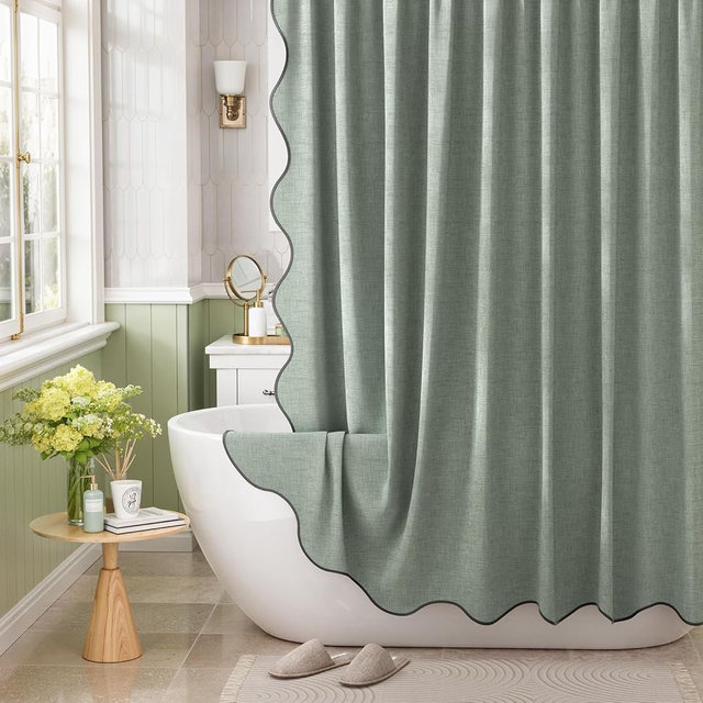 Bathway Modern Scalloped Shower Curtain, Linen Textured Green Shower Curtain Set with 12 Metal Hooks, Neutral Cute Elegant Shower Curtain with Black Border for Bathroom, 72x72 Inches