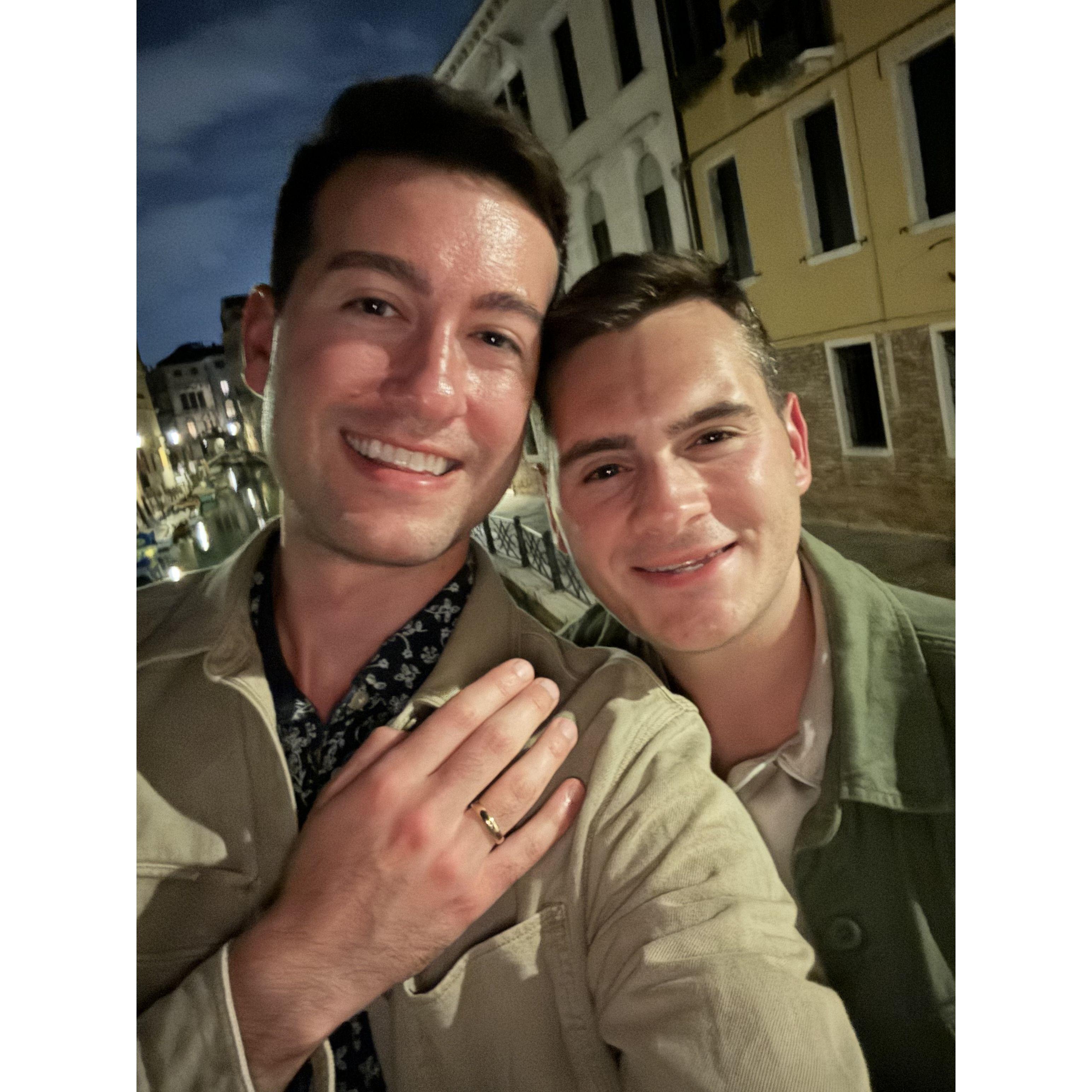 The blissful moment Vinny proposed to Justin on a bridge in Venice, Italy. It was a dream come true!