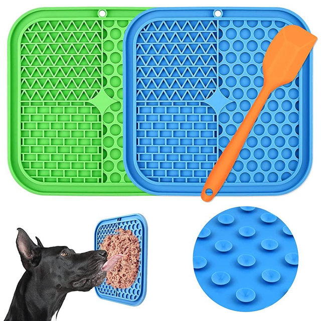 Lick Mat for Dogs/ Cats, CIICII 3Pcs Dog Slow Feeder Licking Mat with Suction Cup (Green Dog Lick Mat + Blue Cat Lick Mat + Orange Spatula) for Dog Treats & Cat Food (Anti-Slip, Food Grade Silicone)