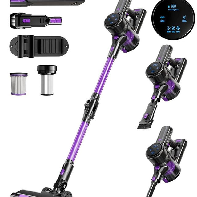 Cordless Vacuum Cleaner, 28KPA Suction Stick Vacuum with LED Headlight, 3 Modes 6-in-1 Lightweight Cordless Vacuum with 40Mins Detachable Battery Vacuum Cleaners for Home Hard Floor Carpet (Purple)