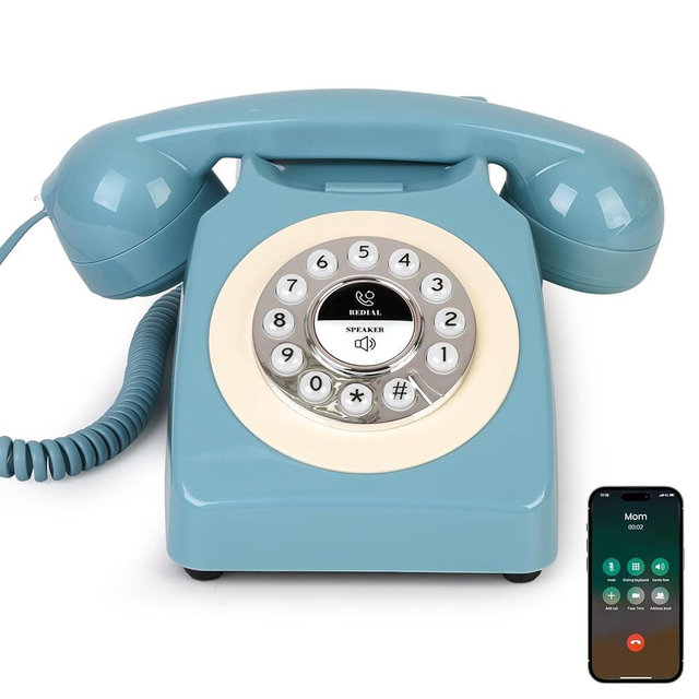 Sangyn Bluetooth Landline Phone, Retro Bluetooth Home Phone Compatible with Android & iOS, Wireless Cordless Telephone with Speakerphone, Volume Control & USB Rechargeable, Blue