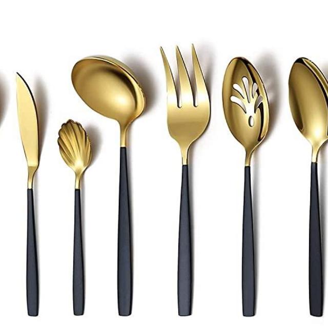 HOMQUEN Amazon Brand 10 Piece Silverware Serving Set, Stainless Steel Flatware Serving Set, Black with Gold Utensil Set (Shining Golden Head and Matt Black Handle)