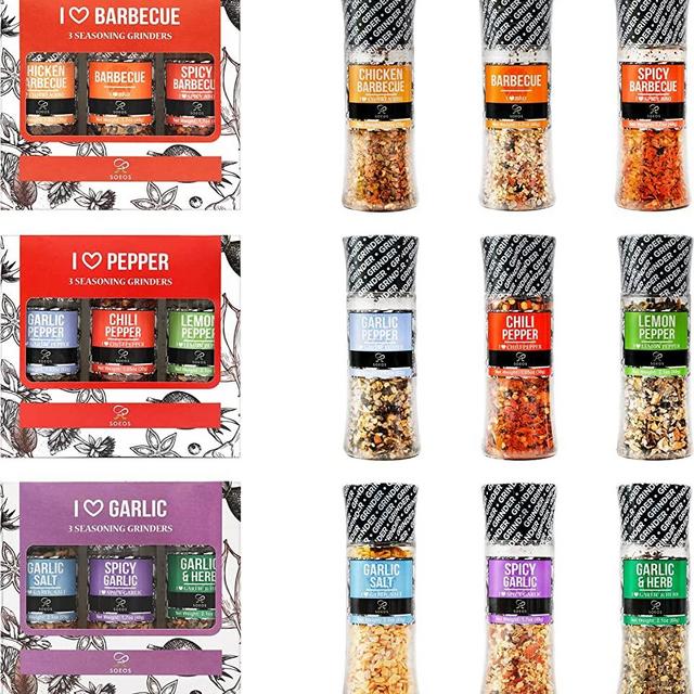 Soeos Spice Seasoning Set of 9 with Integrated Grinders, Individual Spice Grinder, Pure and Fresh BBQ Seasoning, Perfect for Seasoning Gift Set, Grilling Spice, Pepper Grinder.