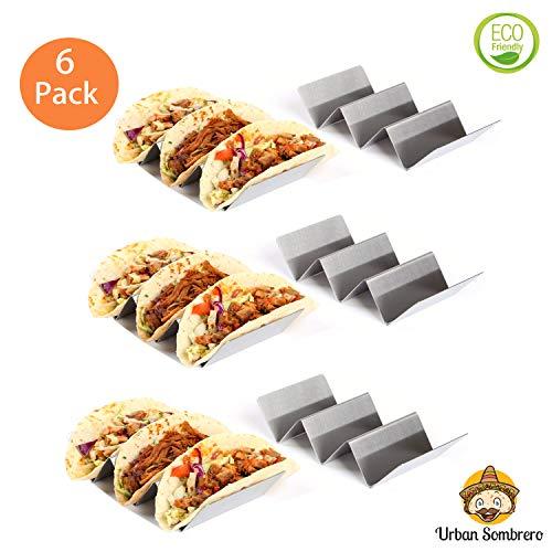 Stainless Steel Taco Holders - Spanish Taco Shell Rack with 3 Taco Stand Up Holders, Thick Durable Taco Tray Rack Serving Dishes for Home Tacos Tuesday Mexican Celebration | 6 Pack - By Urban Sombrero