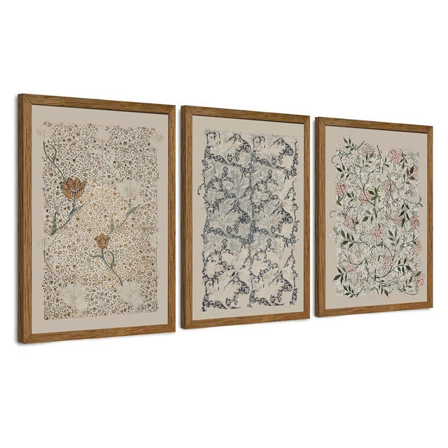 Krtoni 3PCS Framed Vintage William Morris Wall Art, Neutral Abstract Floral Canvas Artwork Prints, Rustic Boho Farmhouse Flower Botanical Picture Paintings for Living Room Bedroom Office 12W x16H