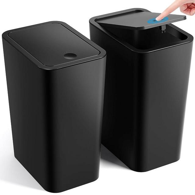ITCPRL Bathroom Trash Can with Lid, 2 Pack 4 Gallons/15 Liters Garbage Can with Pop-Up Lid, Small Plastic Trash Can, Slim Trash Bin Waste Basket for Bathroom, Bedroom, Office, Living Room(Black)
