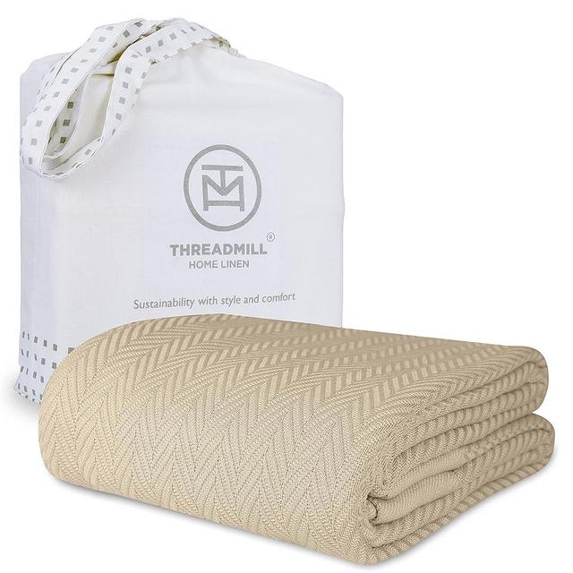 Threadmill Luxury Cotton Blankets for Twin Size Bed | All-Season 100% Cotton Twin Blanket for Bed | Herringbone Lightweight, Soft & Cozy Fall Thermal Blanket, 350GSM, 68x92 inches | Beige