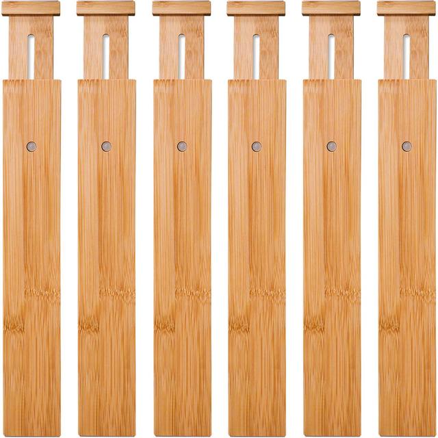 6 Pack Bamboo Drawer Dividers, Spring Loaded Adjustable Drawer Separators (2.1" High, 17.52"-21.65"), Perfect Expandable Wooden Drawer Dividers for Kitchen, Bathroom, Bedroom, Dresser Office
