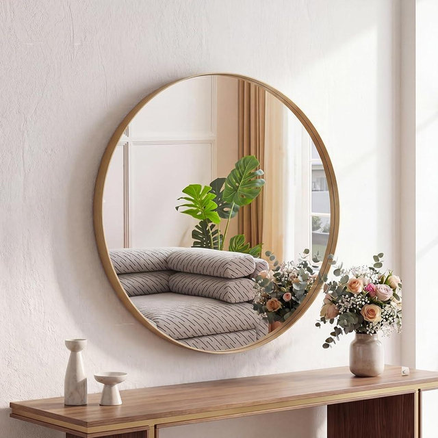 NEWBULIG 24-Inch Round Wall Mirror, Bathroom Wall Circle Mirror with Metal Frame, Bathroom Decor for Entryway, Living Room, Vanity, Gold