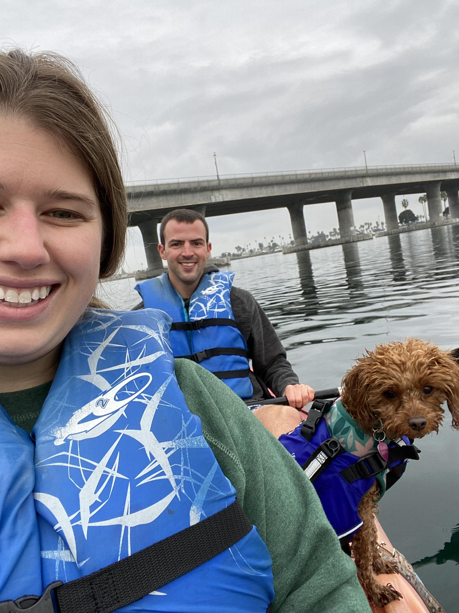 Our first flight together was a trip to (not so sunny) San Diego, where we took Bear to the beach for her first time, and kayaked to a dog park island!