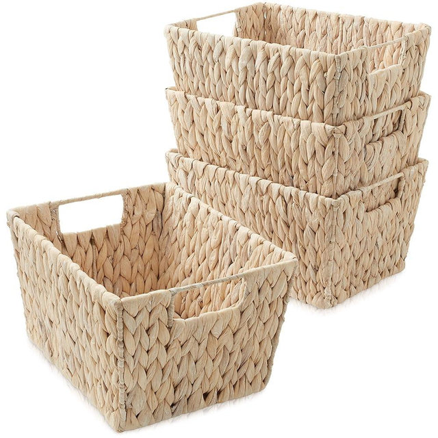 Casafield Set of 4 Water Hyacinth Storage Baskets with Handles - Whitewash White, Woven Storage Bins for Shelves, Blankets, Laundry Organization