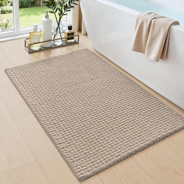 DEXI Bathroom Rugs 20x32, Non Slip Washable Bath Mat, Absorbent Chenille Bathmat, Ultra Soft Thick Carpet for Tub Shower Floor, Dark Beige